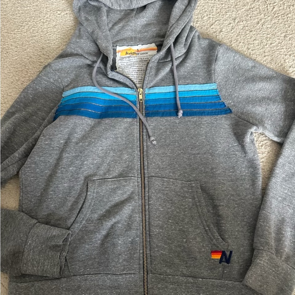 Aviator Nation EUC Gray Hoodie with Blue Stripes small